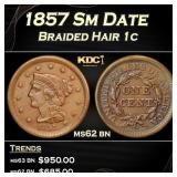 1857 Sm Date Braided Hair Large Cent 1c Grades ms6
