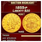 1855-p Gold Liberty Double Eagle $20 ms62 USCG