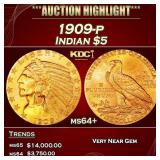 1909-p Gold Indian Half Eagle $5 ms64+ USCG