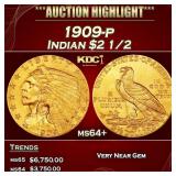 1909-p Gold Indian Quarter Eagle $2 1/2 ms64+ SEGS