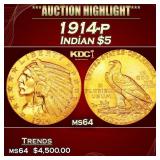 1914-p Gold Indian Half Eagle $5 ms64 USCG