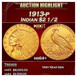 1913-p Gold Indian Quarter Eagle $2 1/2 ms64+ SEGS