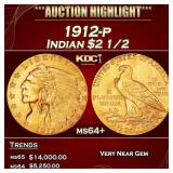 1912-p Gold Indian Quarter Eagle $2 1/2 ms64+ SEGS