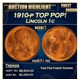 1910-p Lincoln Cent TOP POP! 1c ms67+ rd SEGS