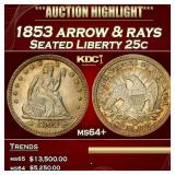 1853 arrow & rays Seated Liberty Quarter 25c ms64+