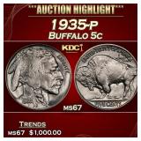 1935-p Buffalo Nickel 5c ms67 SEGS
