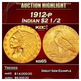 1912-p Gold Indian Quarter Eagle $2 1/2 ms65 SEGS