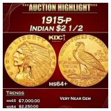1915-p Gold Indian Quarter Eagle $2 1/2 ms64+ SEGS
