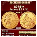 1914-p Gold Indian Quarter Eagle $2 1/2 ms65 SEGS