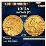 1913-s Gold Indian Half Eagle $5 ms63 USCG