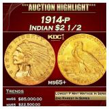 1914-p Gold Indian Quarter Eagle $2 1/2 ms65+ SEGS