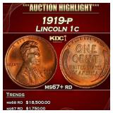 1919-p Lincoln Cent 1c ms67+ rd SEGS