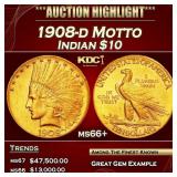 1908-d Motto Gold Indian Eagle $10 ms66+ SEGS