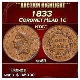 1833 Coronet Head Large Cent 1c ms63 USCG