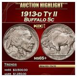 1913-d Ty II Buffalo Nickel 5c ms65+ SEGS
