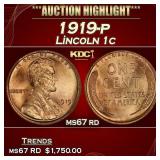 1919-p Lincoln Cent 1c ms67 rd SEGS