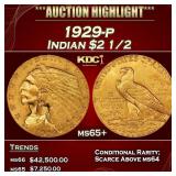 1929-p Gold Indian Quarter Eagle $2 1/2 ms65+ SEGS