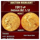1911-p Gold Indian Quarter Eagle $2 1/2 ms64+ SEGS