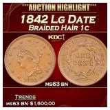 1842 Lg Date Braided Hair Large Cent 1c ms63 bn US