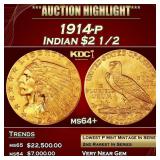 1914-p Gold Indian Quarter Eagle $2 1/2 ms64+ SEGS