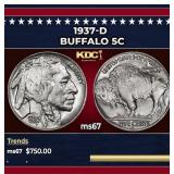 1937-d Buffalo Nickel 5c ms67 SEGS
