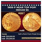 1909-p Gold Indian Half Eagle Near Top Pop! $5 GEM