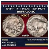 1913-p Ty II Buffalo Nickel Near Top Pop! 5c ms66+