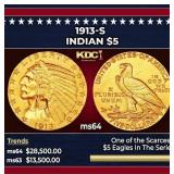 1913-s Gold Indian Half Eagle $5 Choice Unc USCG