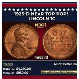 1925-d Lincoln Cent Near Top Pop! 1c ms65 rd SEGS