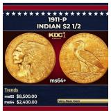 1911-p Gold Indian Quarter Eagle $2 1/2 ms64+ SEGS
