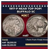 1917-p Buffalo Nickel Near Top Pop! 5c ms67 SEGS