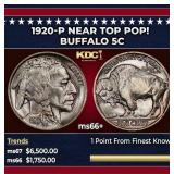 1920-p Buffalo Nickel Near Top Pop! 5c ms66+ SEGS