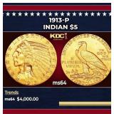 1913-p Gold Indian Half Eagle $5 Choice Unc USCG