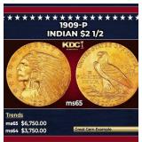 1909-p Gold Indian Quarter Eagle $2 1/2 ms65 SEGS