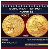 1909-d Gold Indian Half Eagle Near Top Pop! $5 GEM