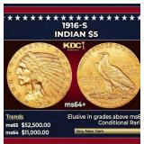 1916-s Gold Indian Half Eagle $5 Choice+ Unc USCG