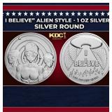 Space Alien "I Believe"  - 1 oz Silver Round Round