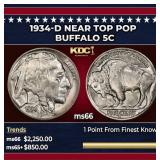 1934-d Buffalo Nickel Near Top Pop 5c ms66 SEGS
