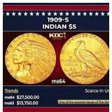 1909-s Gold Indian Half Eagle $5 Choice Unc USCG