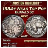 1934-p Buffalo Nickel Near Top Pop 5c ms67 SEGS