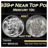 1939-p Mercury Dime Near Top Pop 10c ms67 FSB SEGS