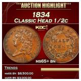1834 Classic Head half cent 1/2c ms65+ bn SEGS