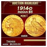 1914-d Gold Indian Half Eagle $5 ms64 USCG