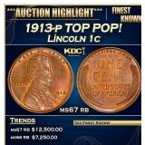 1913-p Lincoln Cent TOP POP! 1c ms67 rb SEGS