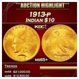 1913-p Gold Indian Eagle $10 ms65+ SEGS