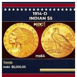 1914-d Gold Indian Half Eagle $5 ms64 USCG