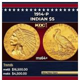 1914-p Gold Indian Half Eagle $5 ms64+ USCG