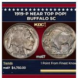 1919-p Buffalo Nickel Near Top Pop! 5c ms67 SEGS