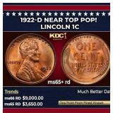 1922-d Lincoln Cent Near Top Pop! 1c ms65+ rd SEGS