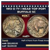 1913-d Ty I Buffalo Nickel Near Top Pop! 5c ms67+